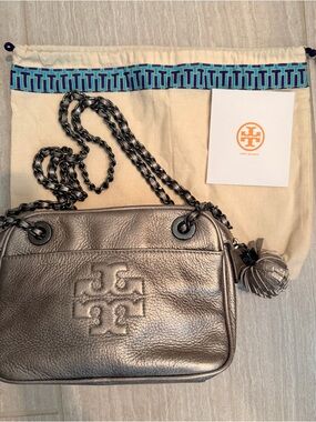 Tory Burch Metallic Silver Leather Chain Crossbody with Tassel